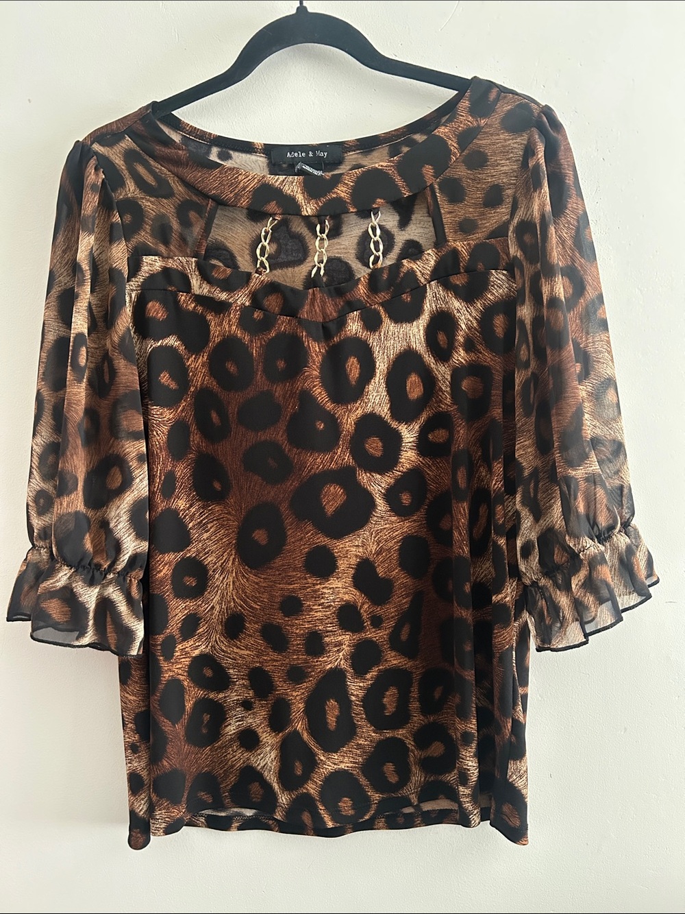 Women's Brown Leopard Print Blouse with Chain keyhole Detail
